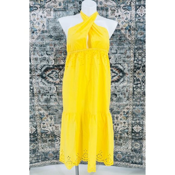 River Island Cutwork Halter Dress Yellow Size L Eyelet Trim  Midi Length - Picture 2 of 16